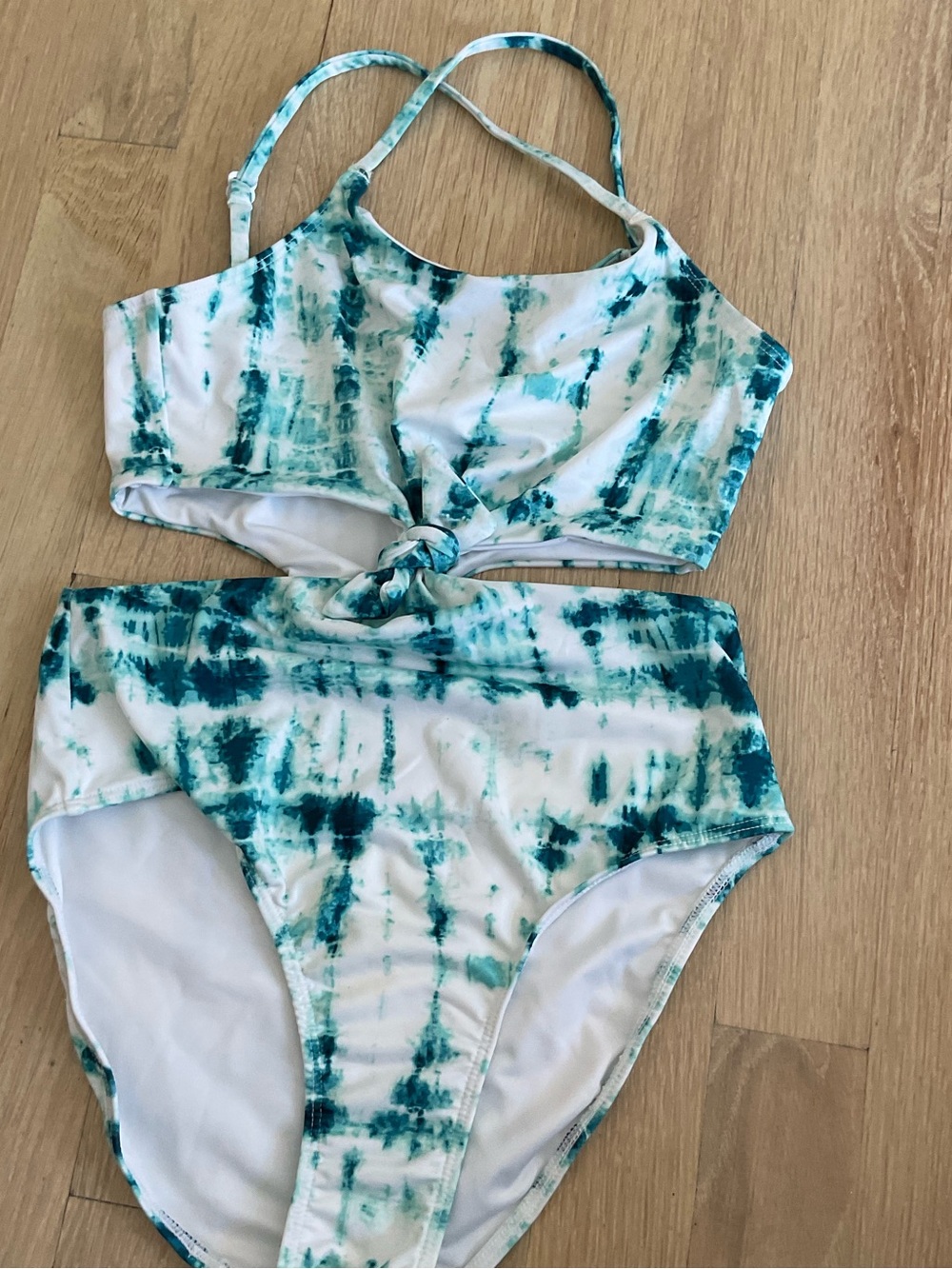 Melrose and Market Kids One-Piece Swim Set in White and Teal Tie-Dye